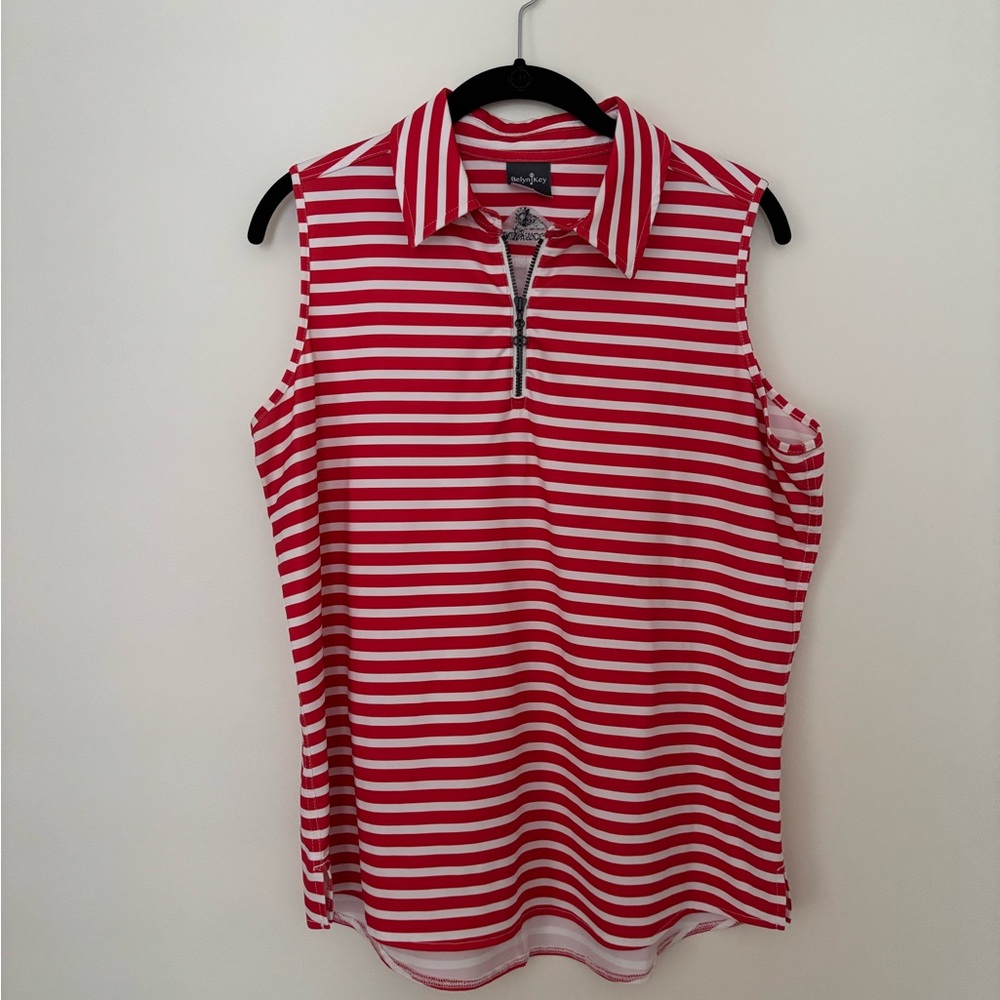 Belyn Key Red & White Striped Sleeveless Zip Polo Tank